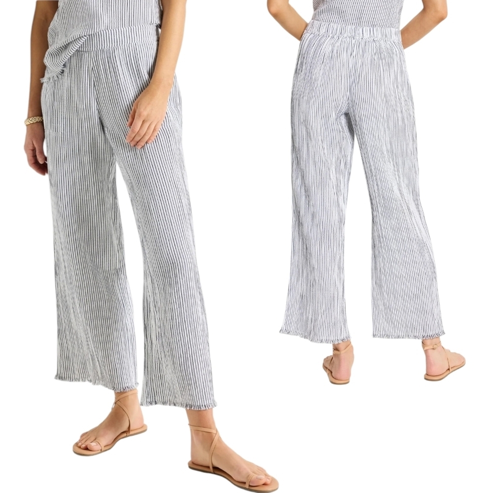 NWT Nic+Zoe Pinstripe Gauze Wide Leg Boho Pants Frayed Hem White Blue Size 10